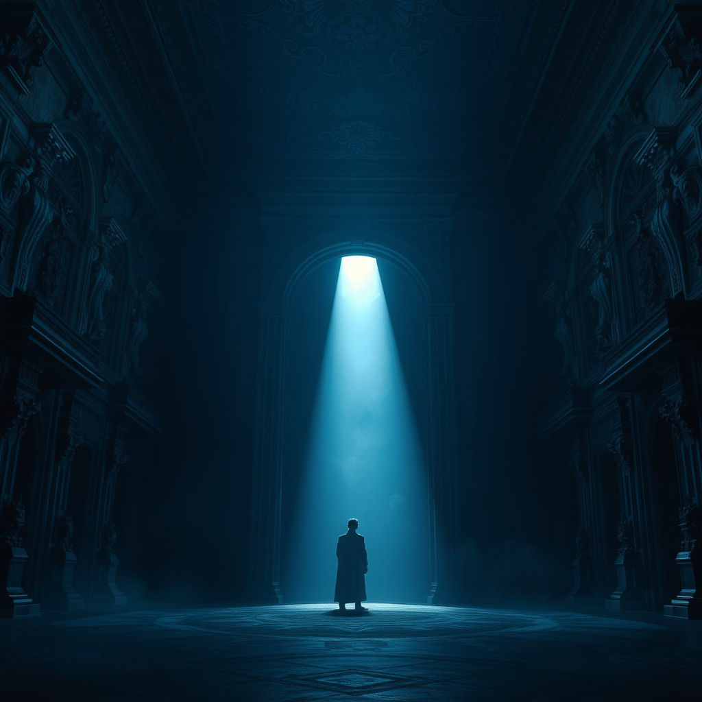 Lone Figure in Dark Baroque Room