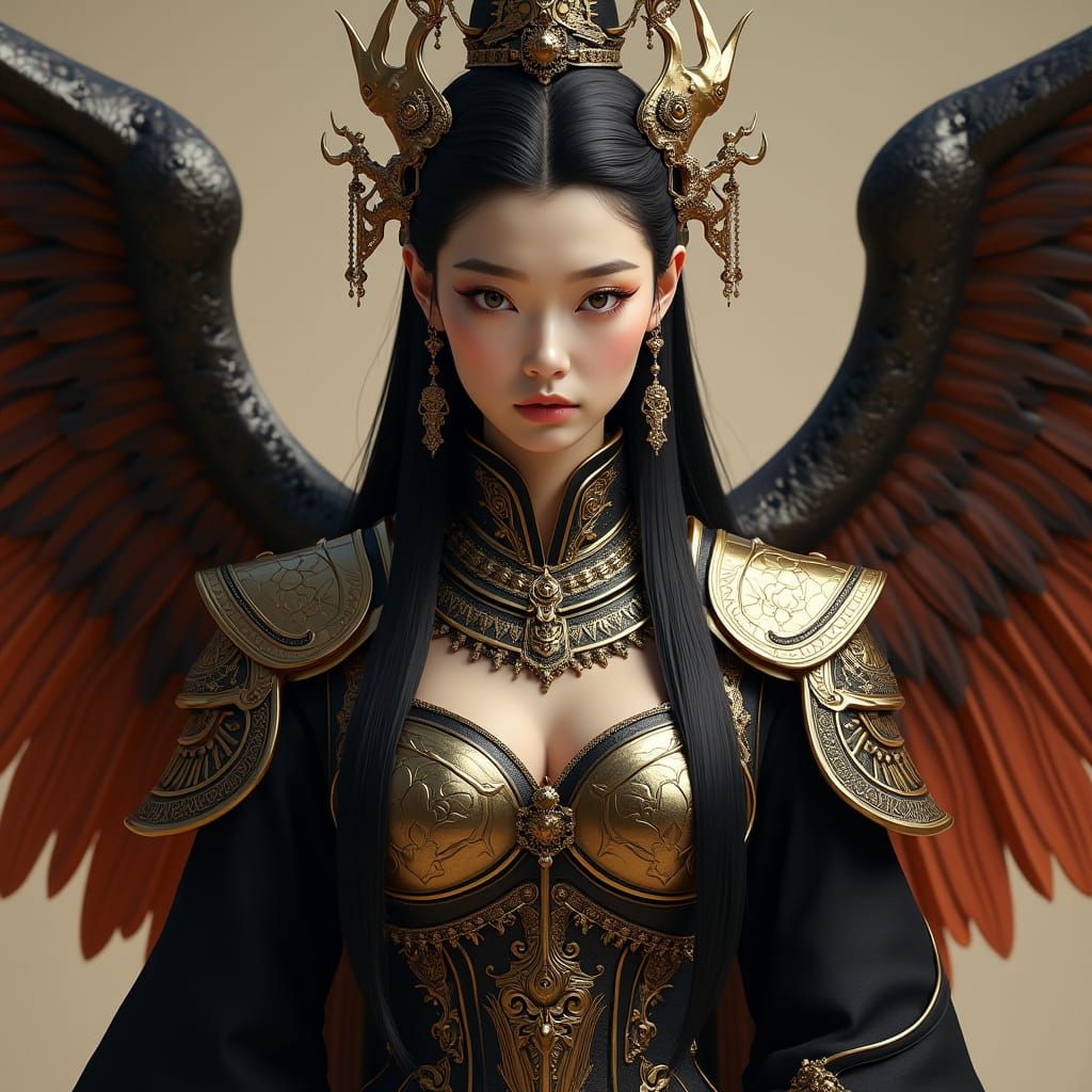 Regal Korean Queen in Ancient Egyptian Armor with Bennu Wing...