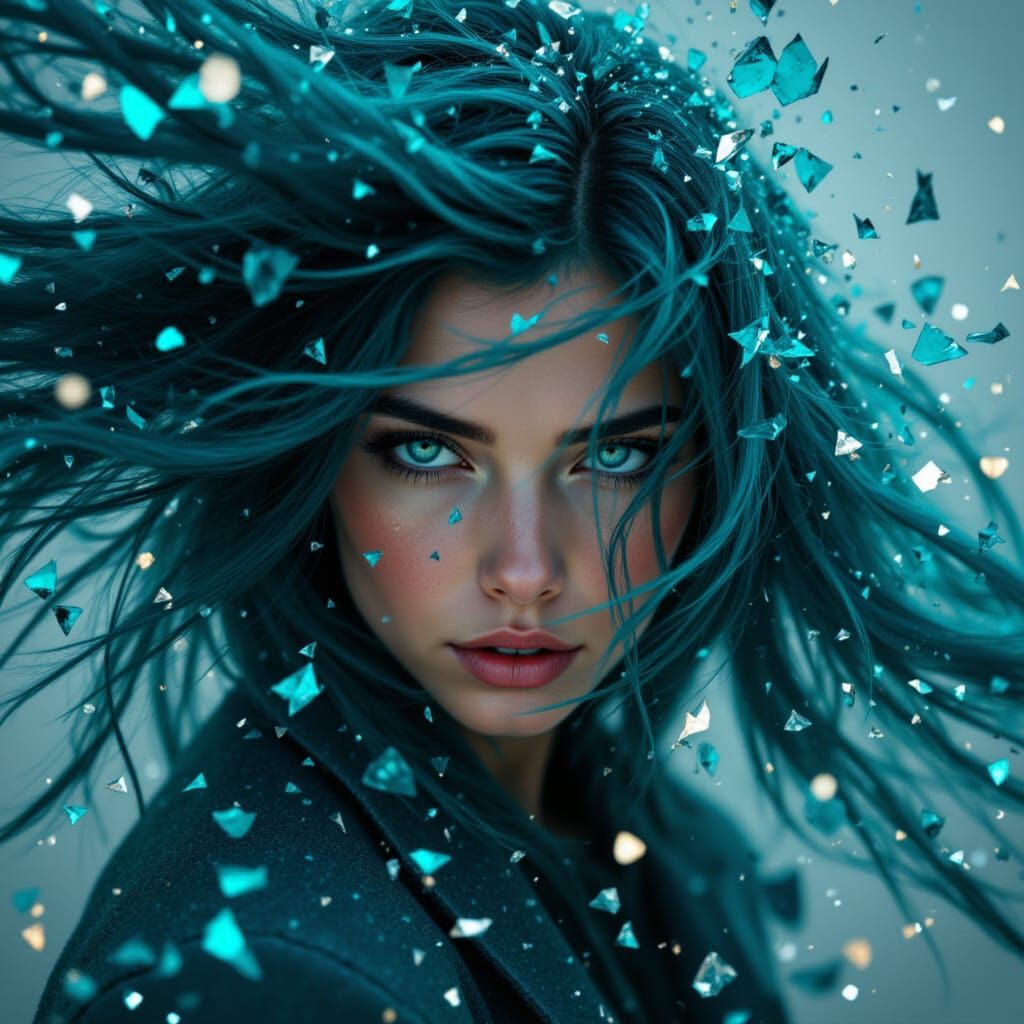 Woman With Blue Hair Dissolving into Teal Crystal Shards