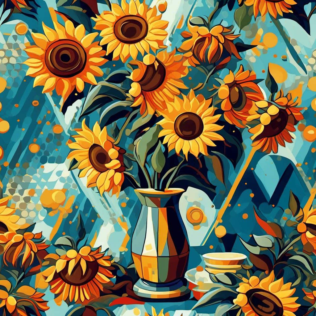Cubist Sunflowers in Vase: Geometric Fauvism