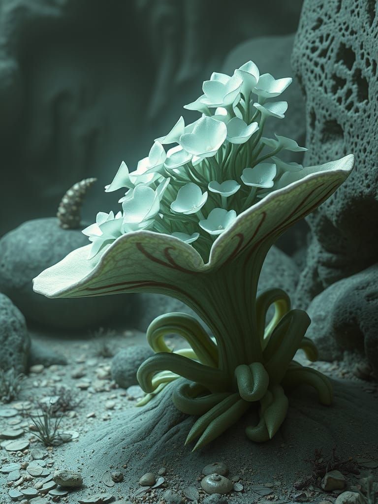 Surreal Alien Plant With Luminous Silver Flowers