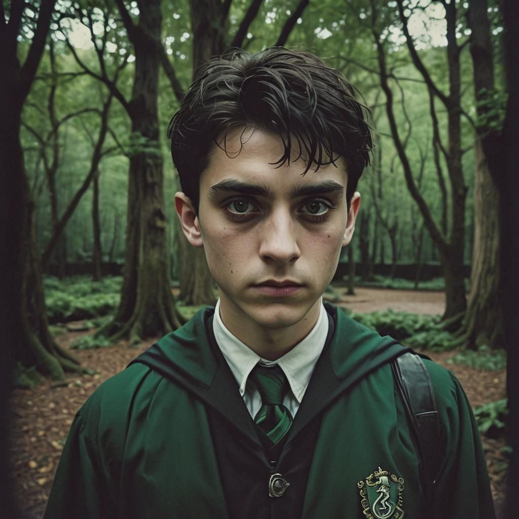 Goth Teen in Slytherin Uniform: Cinematic Portrait