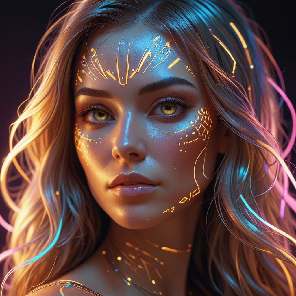 Neon Glyph Portrait in Hyperrealistic Digital Art
