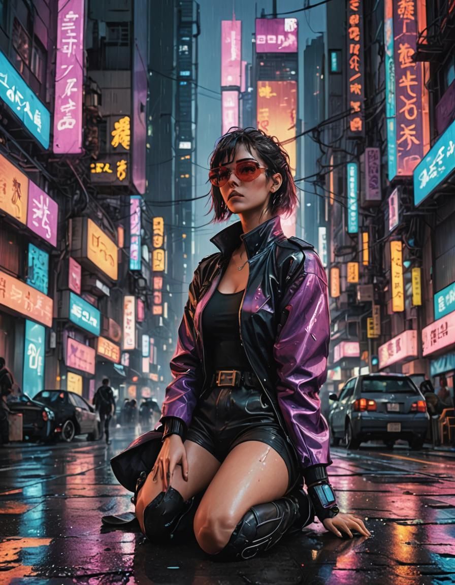 Deunan Knute Relaxing in Cyberpunk Cityscape