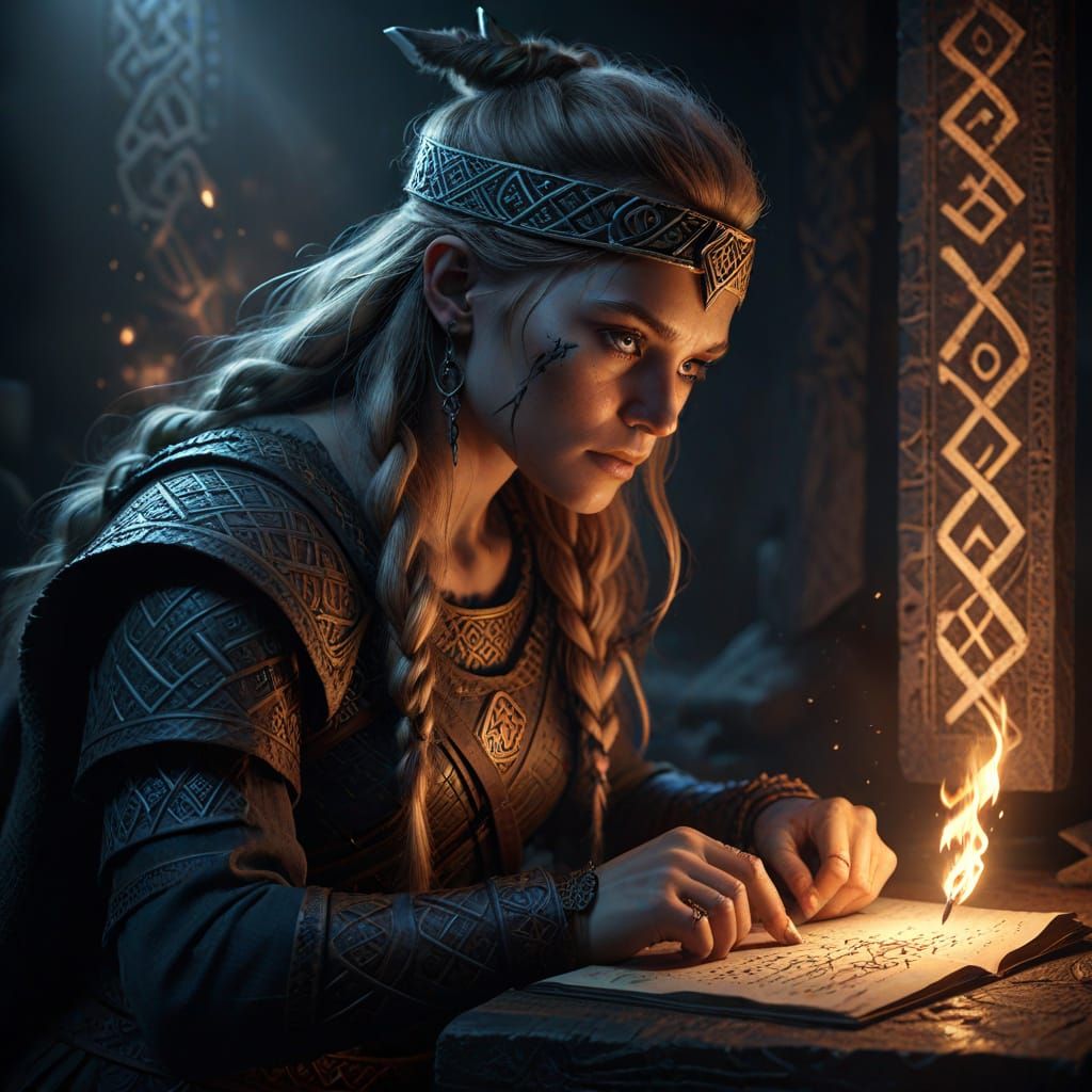 Viking Woman Studying Runes in Dramatic Torchlight