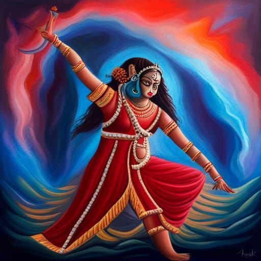 Mozart-Style Kali Goddess Dancing with God in a Vibrant Acry...