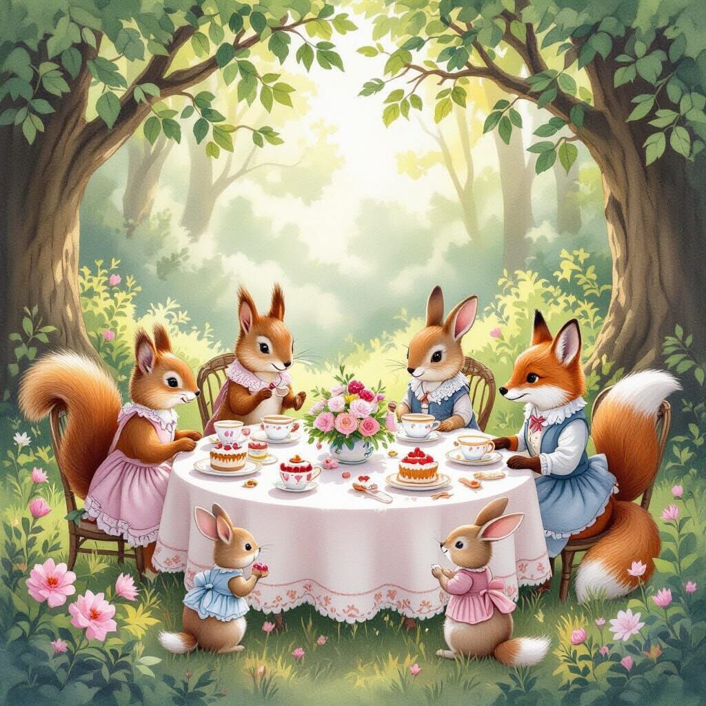 Forest Animals Tea Party in Watercolor Style