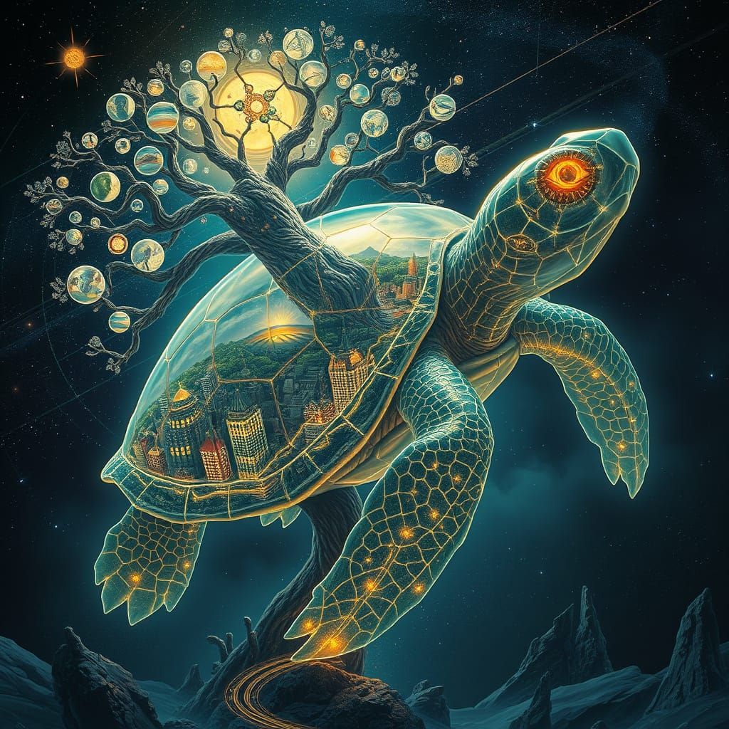 Surreal Cosmic Turtle Unites Diverse Realms in Vibrant, Irid...
