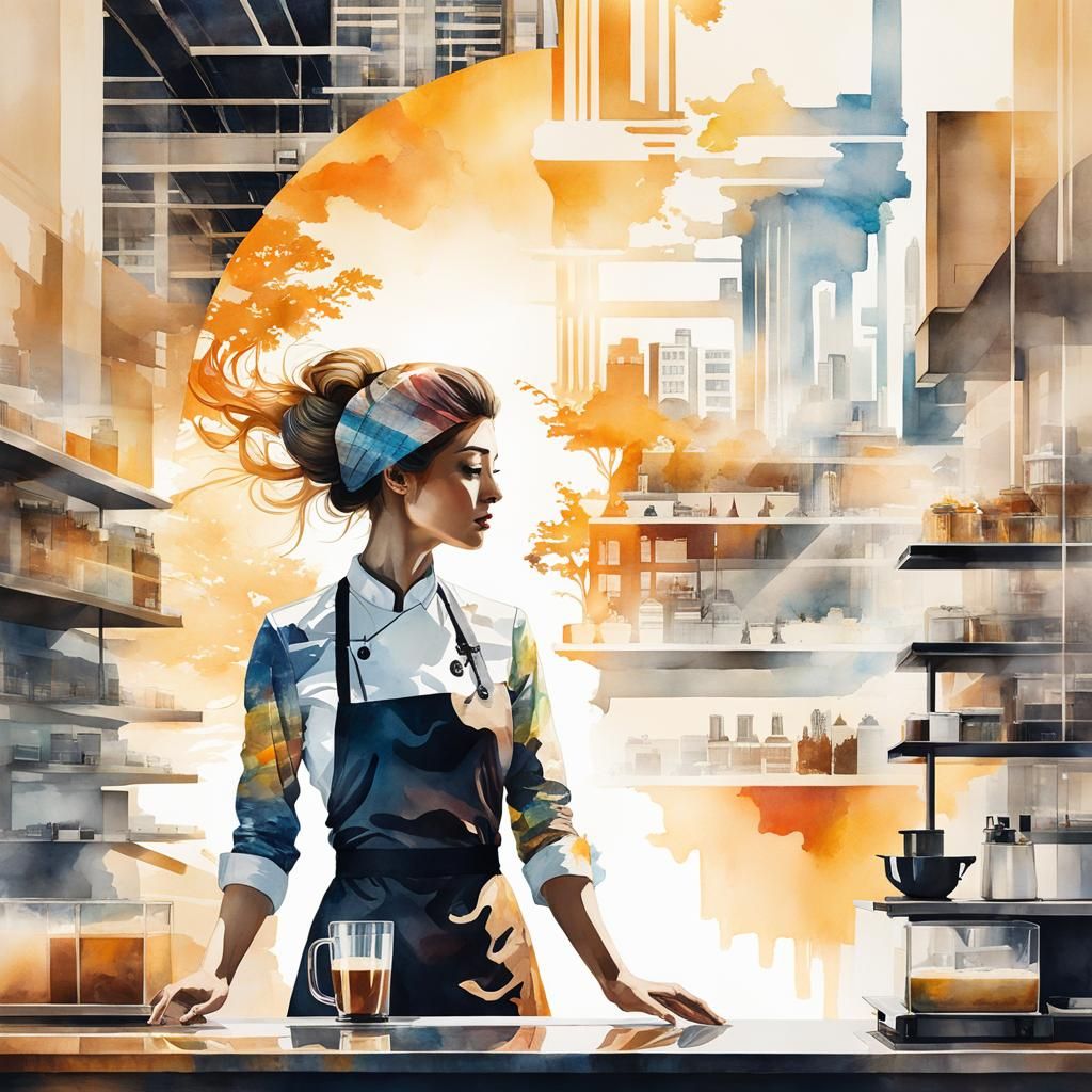 Barista in Cityscape: Surreal Double Exposure Watercolor