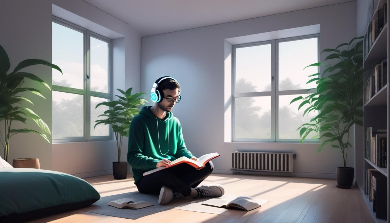 Person Reading with LED Headphones in Lofi Setting