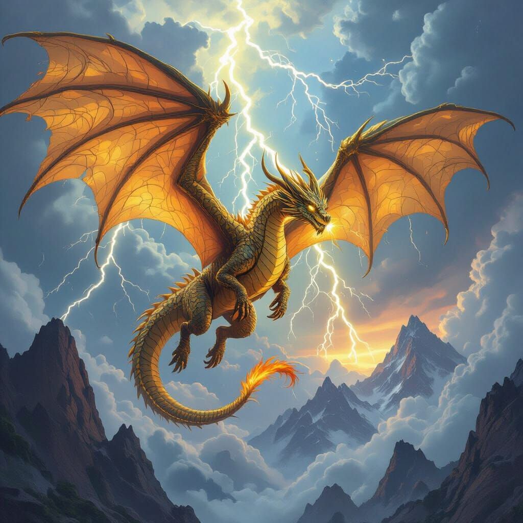 Golden Dragon Soaring Through Stormy Skies
