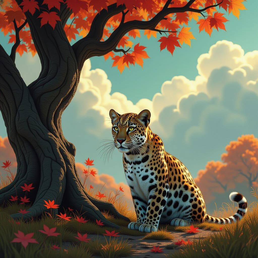 Leopard in Surreal Autumn Landscape, Futuristic Style