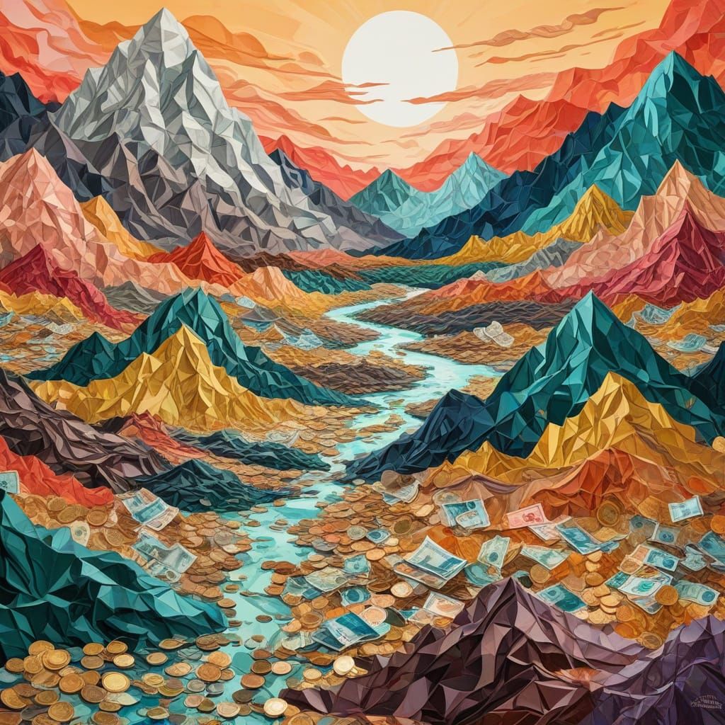 Surreal Mountains of Cash Flowing with Gold Coins