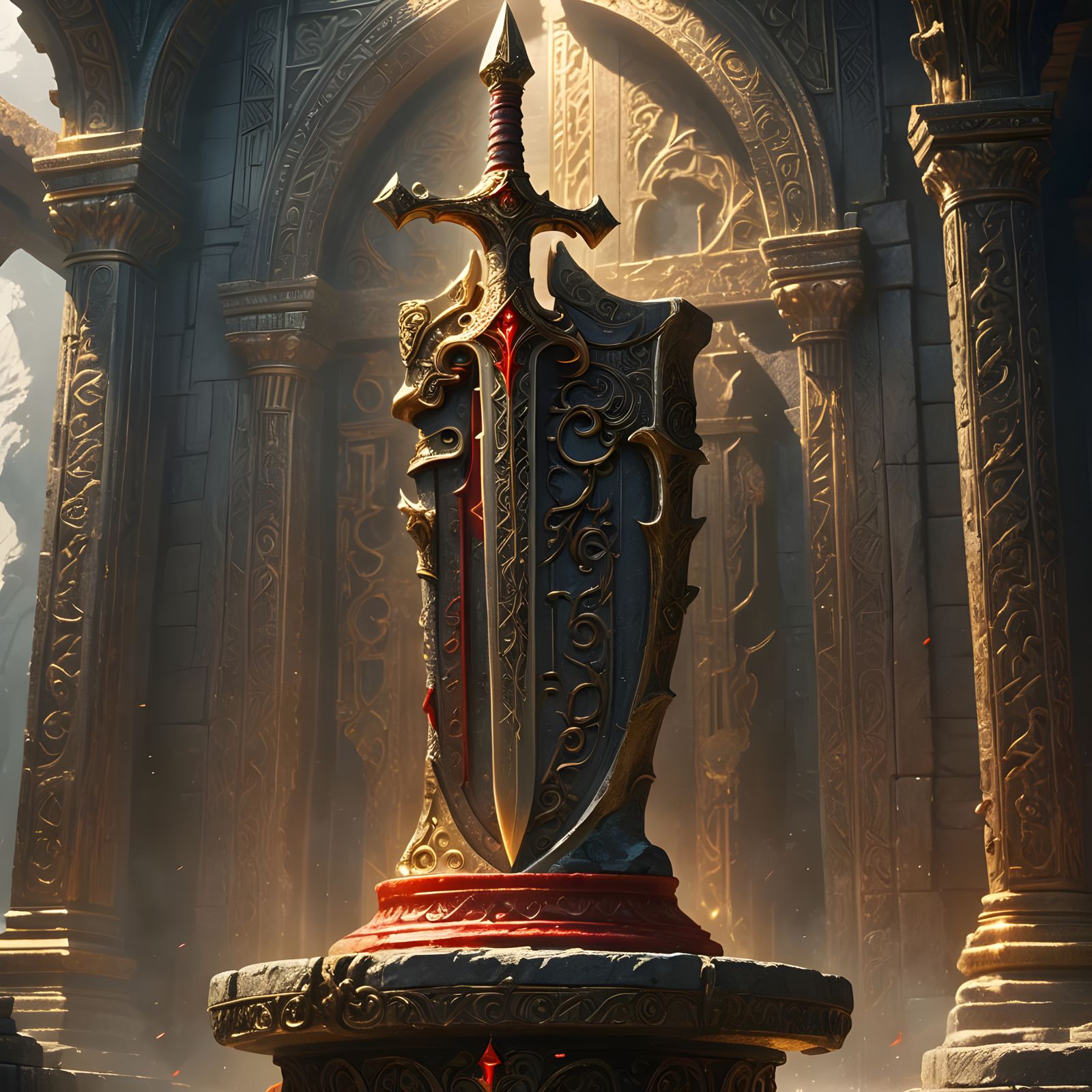 Golden Sword with Red Center in Detailed Matte Painting
