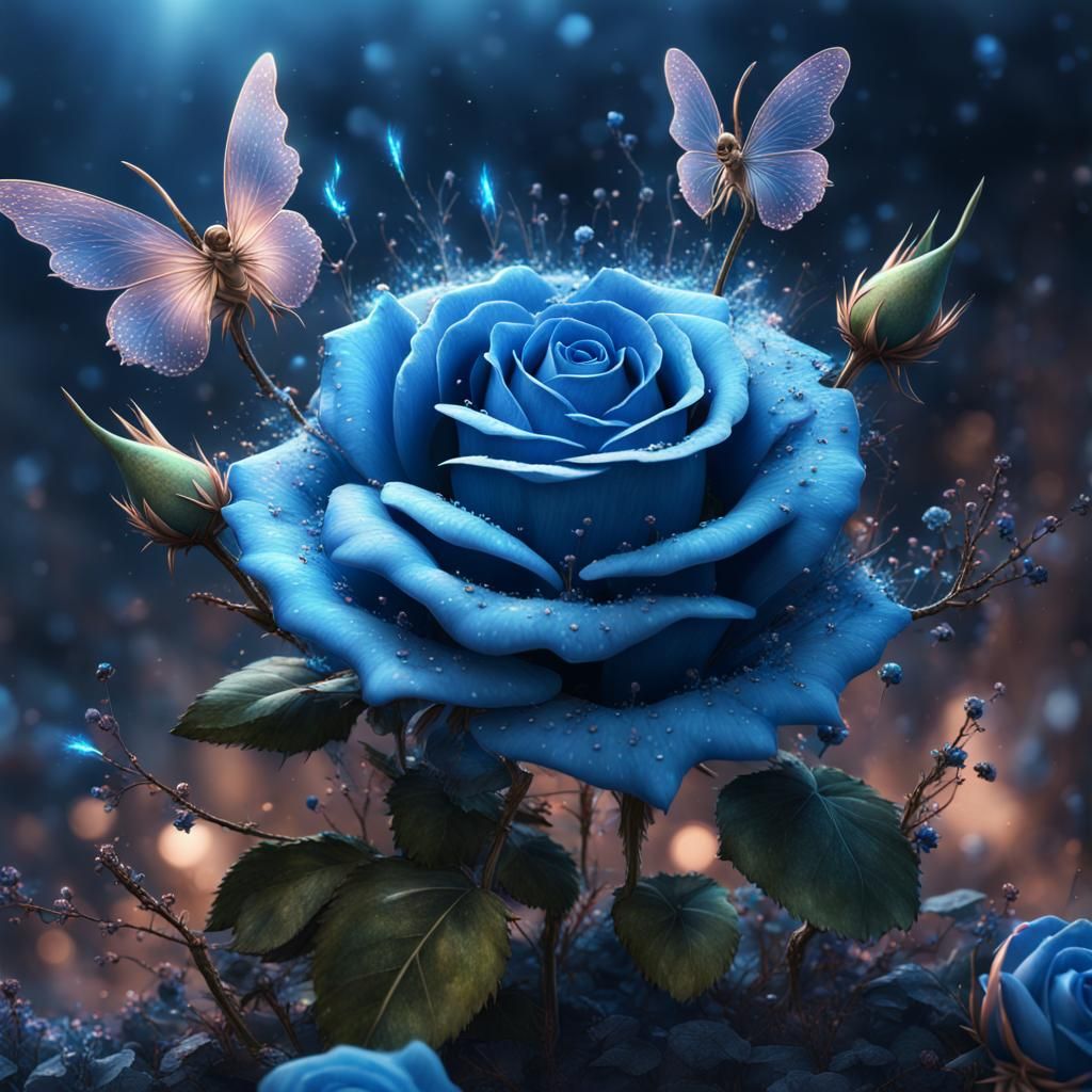 Electric Blue Roses with Fairy, Matte Painting