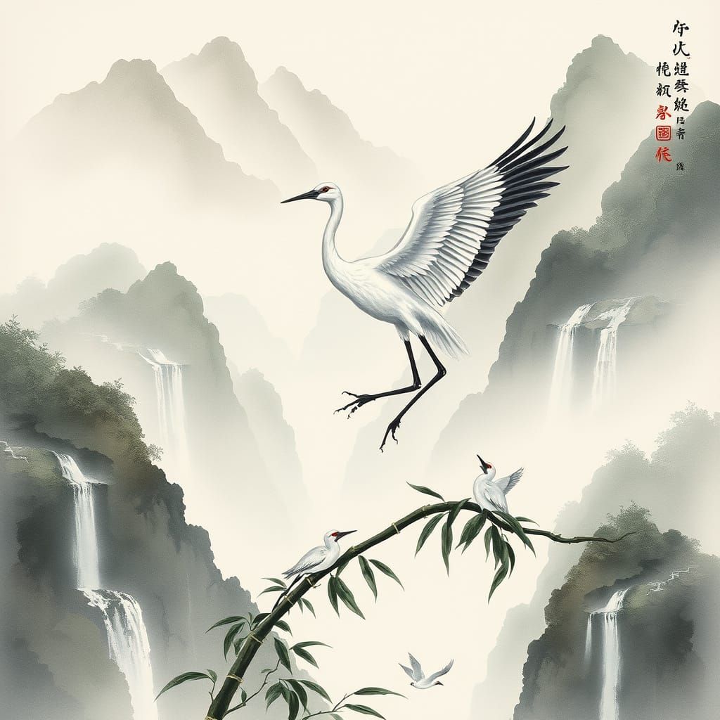 Chinese Crane Landscape in Traditional Watercolor Style