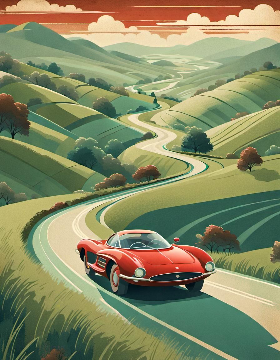 Retro Supercar Adventure in Vintage Poster Art