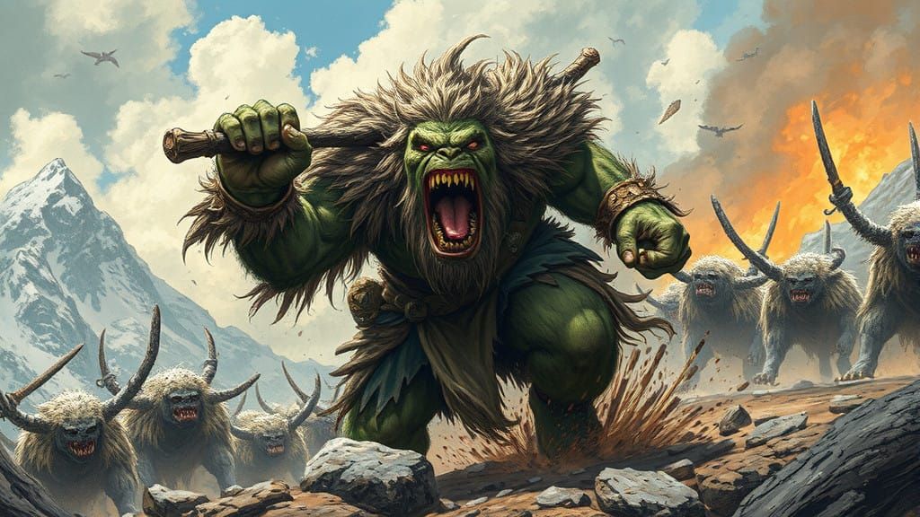 Mountain Ogre Charges into Battle in a Dynamic Mid-Shot