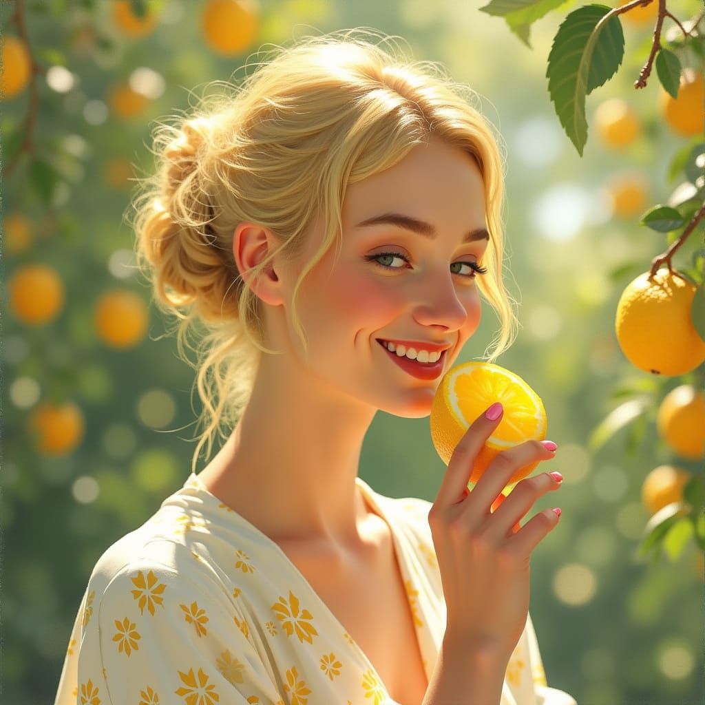 Elegant Woman with Lemons in Art Nouveau Style