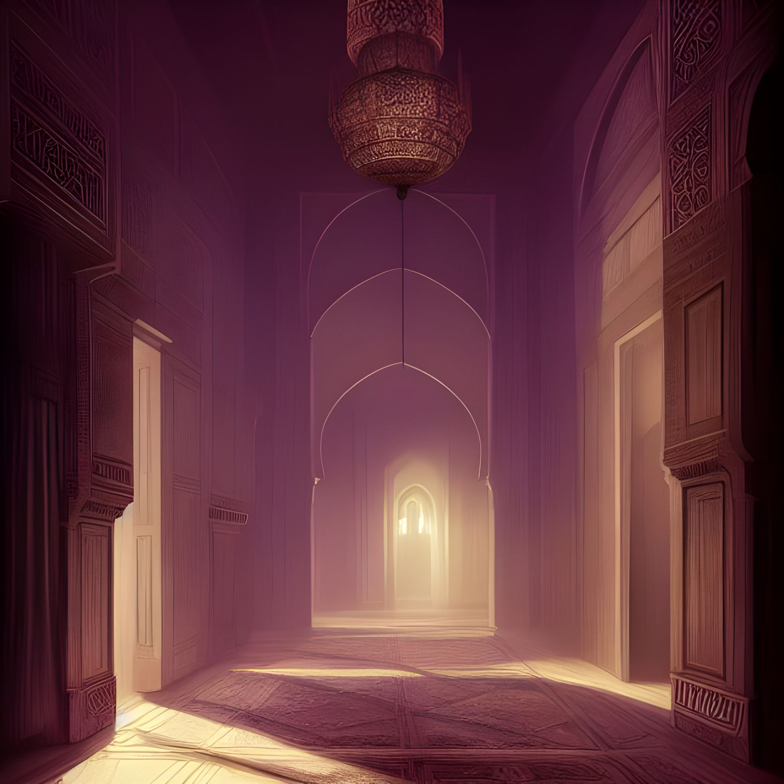 Eerie Hallway with Turkish Lamps in Mixed Architecture