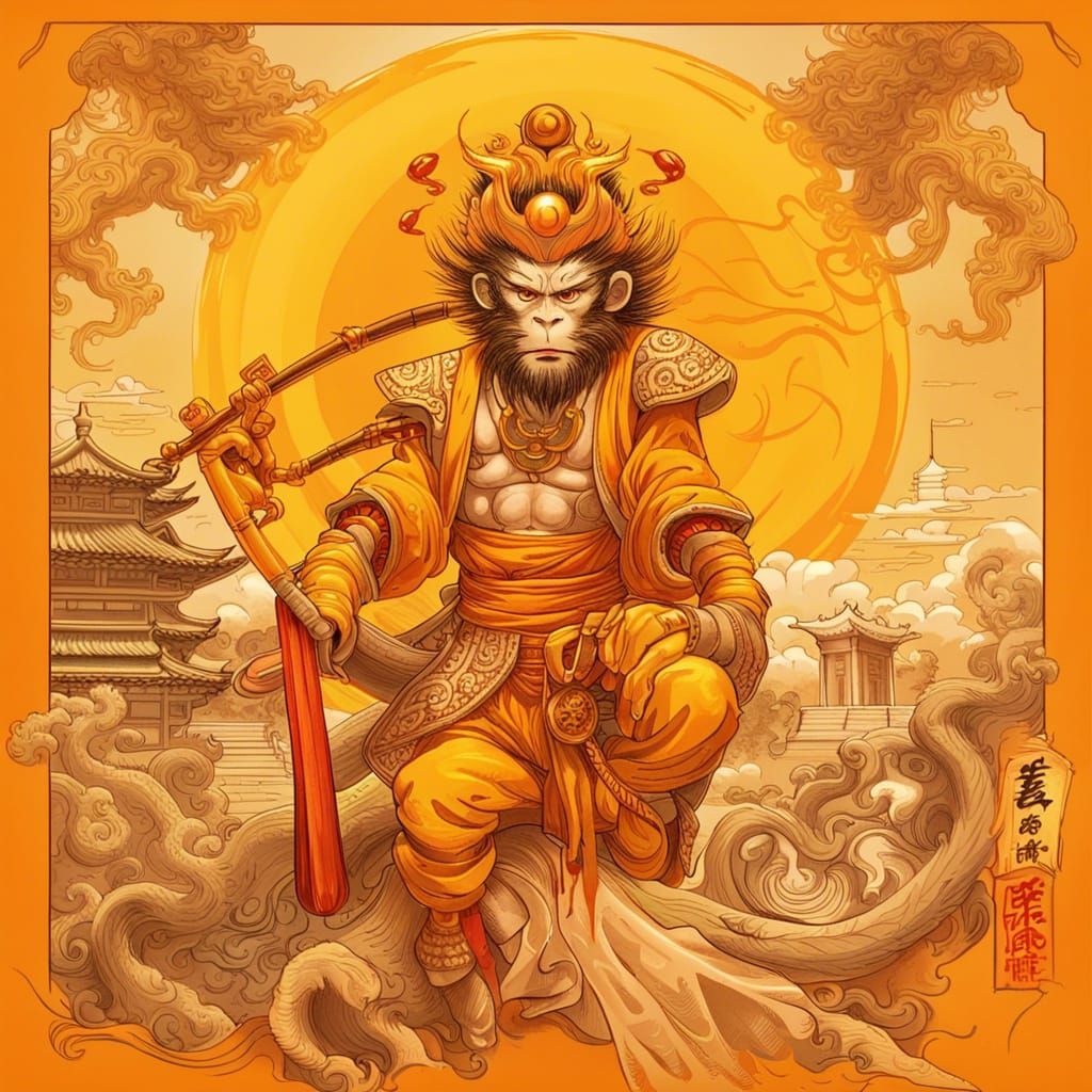Monkey King in Comic Style with Oriental Temple