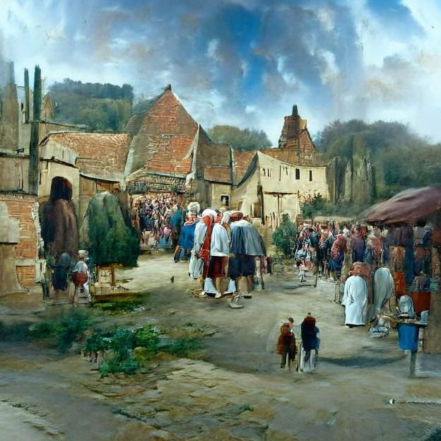 Medieval Village Market in Oil Painting Style