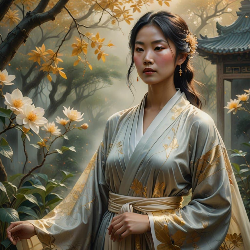 Asian Woman in Misty Garden: Surreal Oil Painting