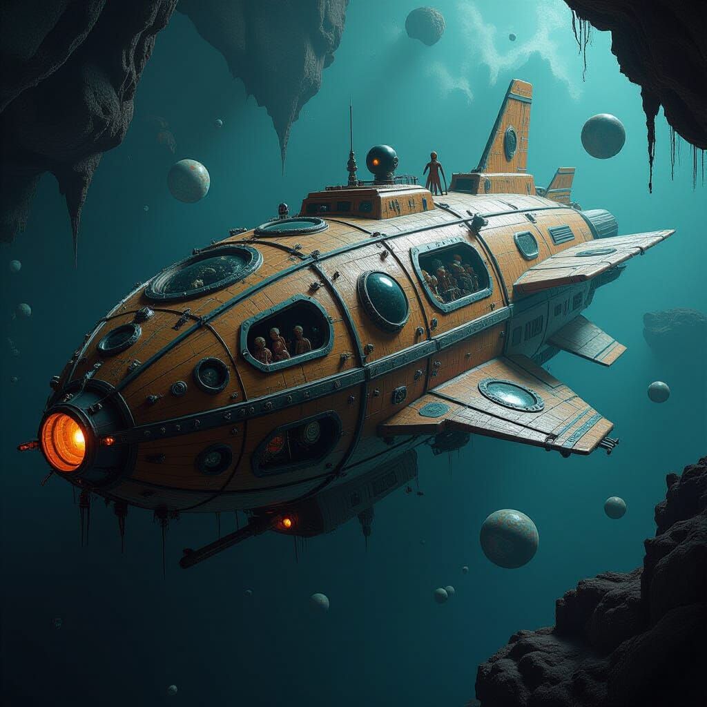 Surreal Wooden Spacecraft with Unsettling Motifs