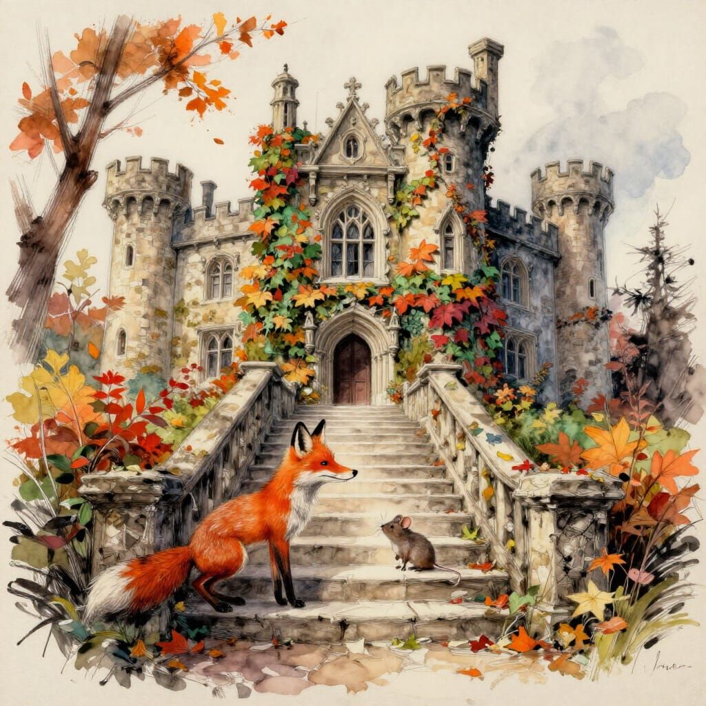 Charming Autumn Castle Scene Sketch