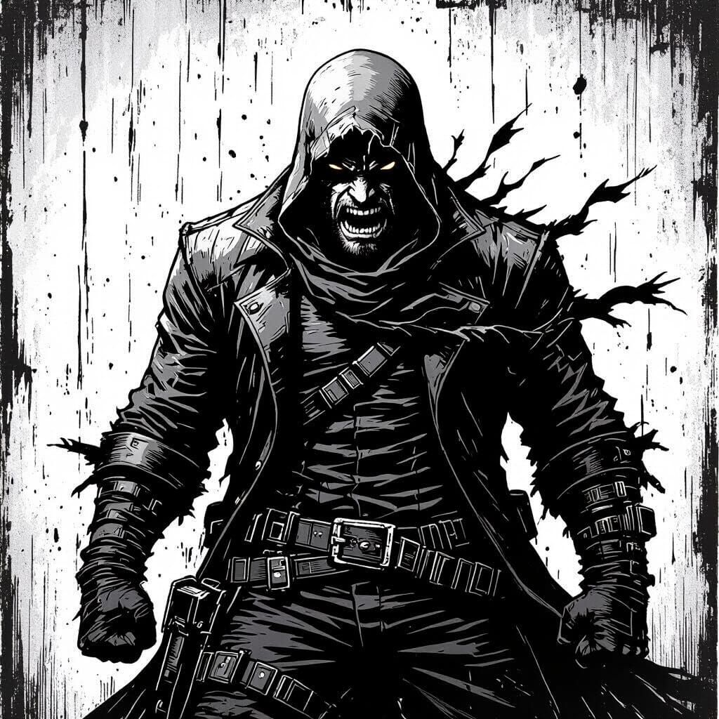 Furious Figure in Woodcut Style