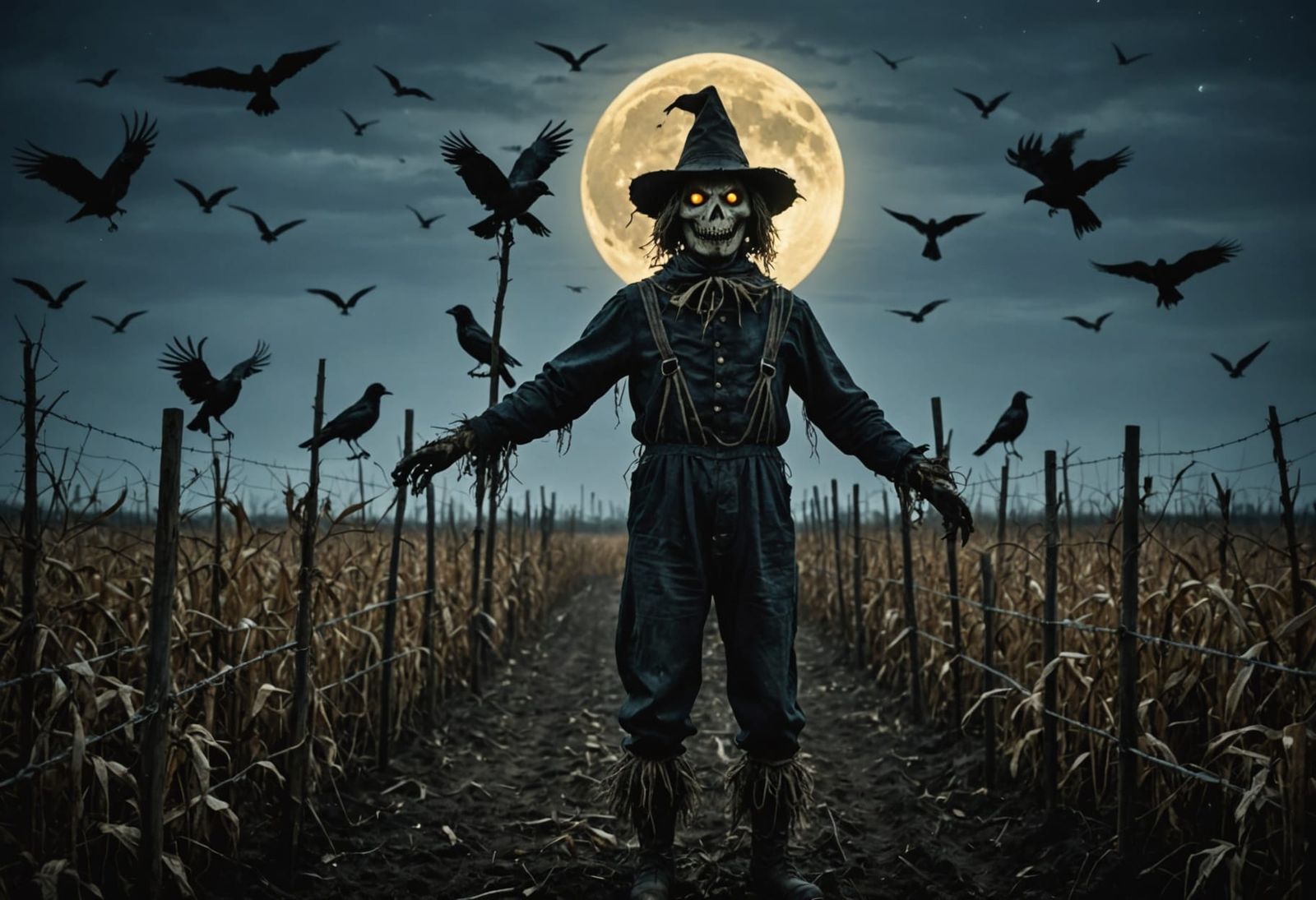 Creepy Scarecrow in Moonlit Field of Rotten Crops