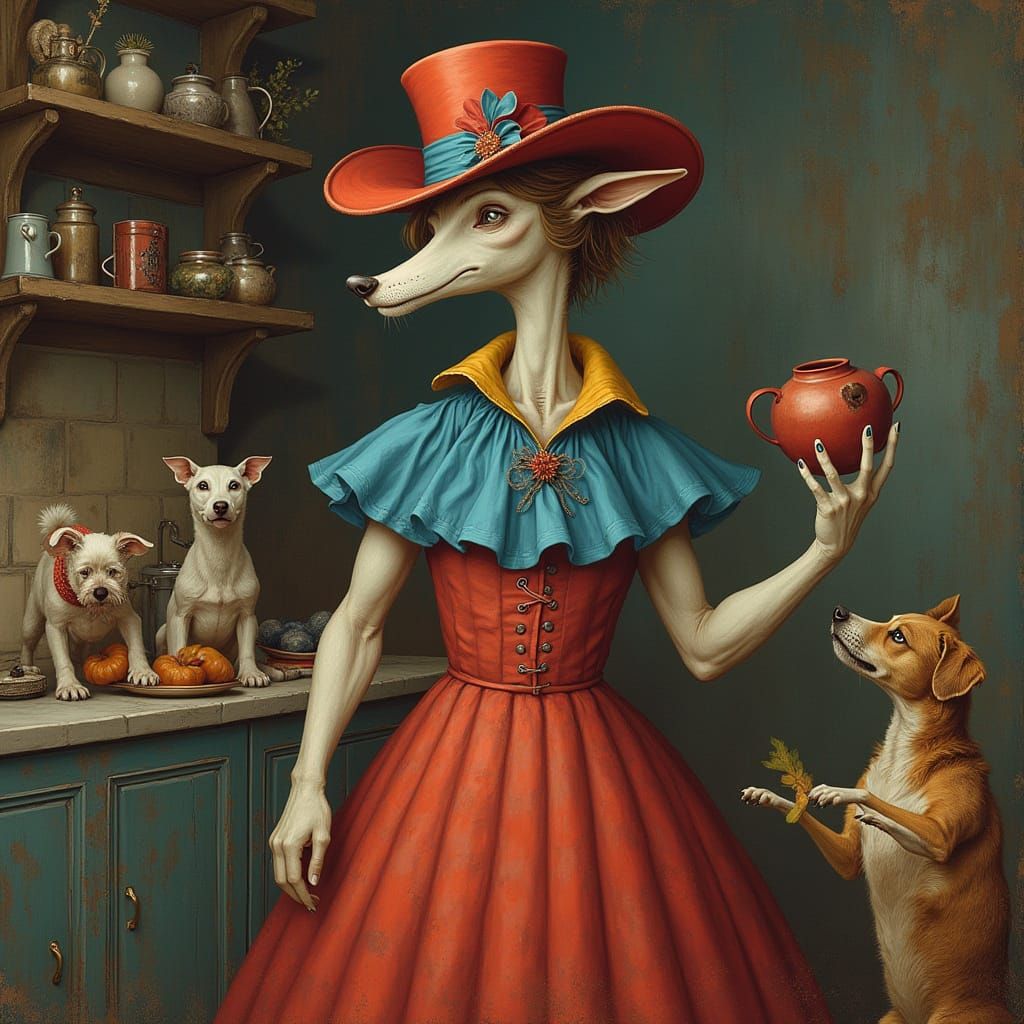 Surreal Woman in Kitchen, Gothic Art Style