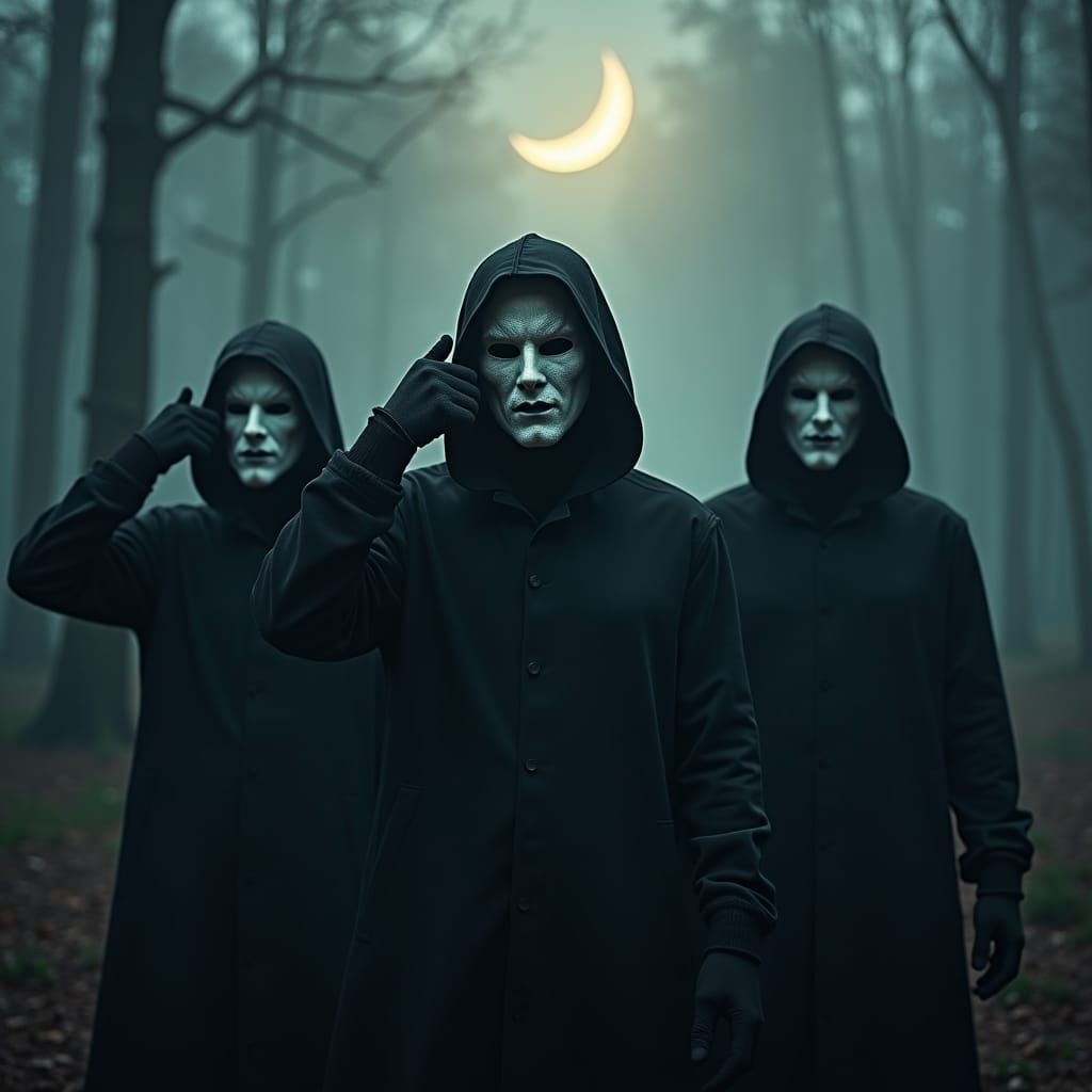 Mystical Figures in Forest Turning Away From Darkness