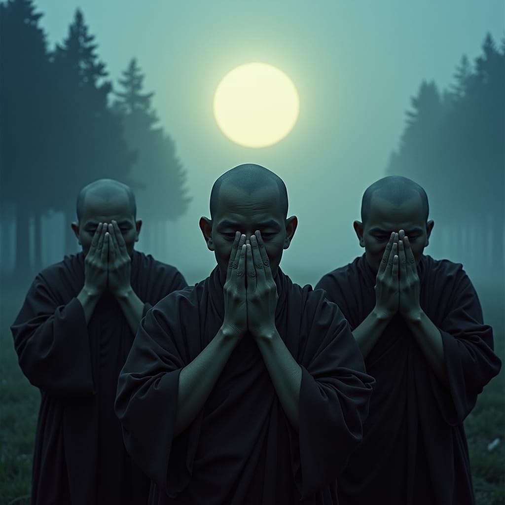 Three Wise Monks in Misty, Cinematic Forest