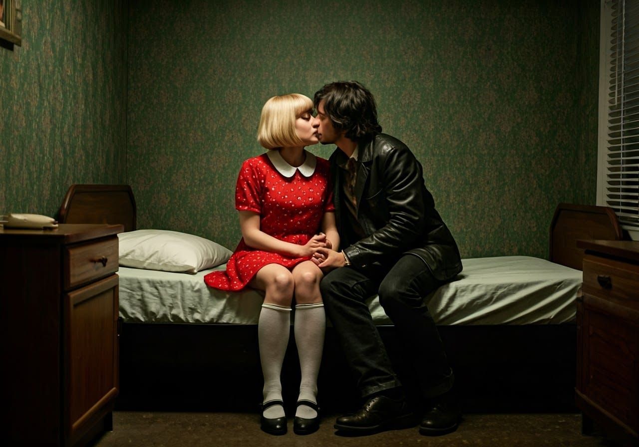 Elegant 1970s Woman Shares Passionate Kiss with Young Man in...