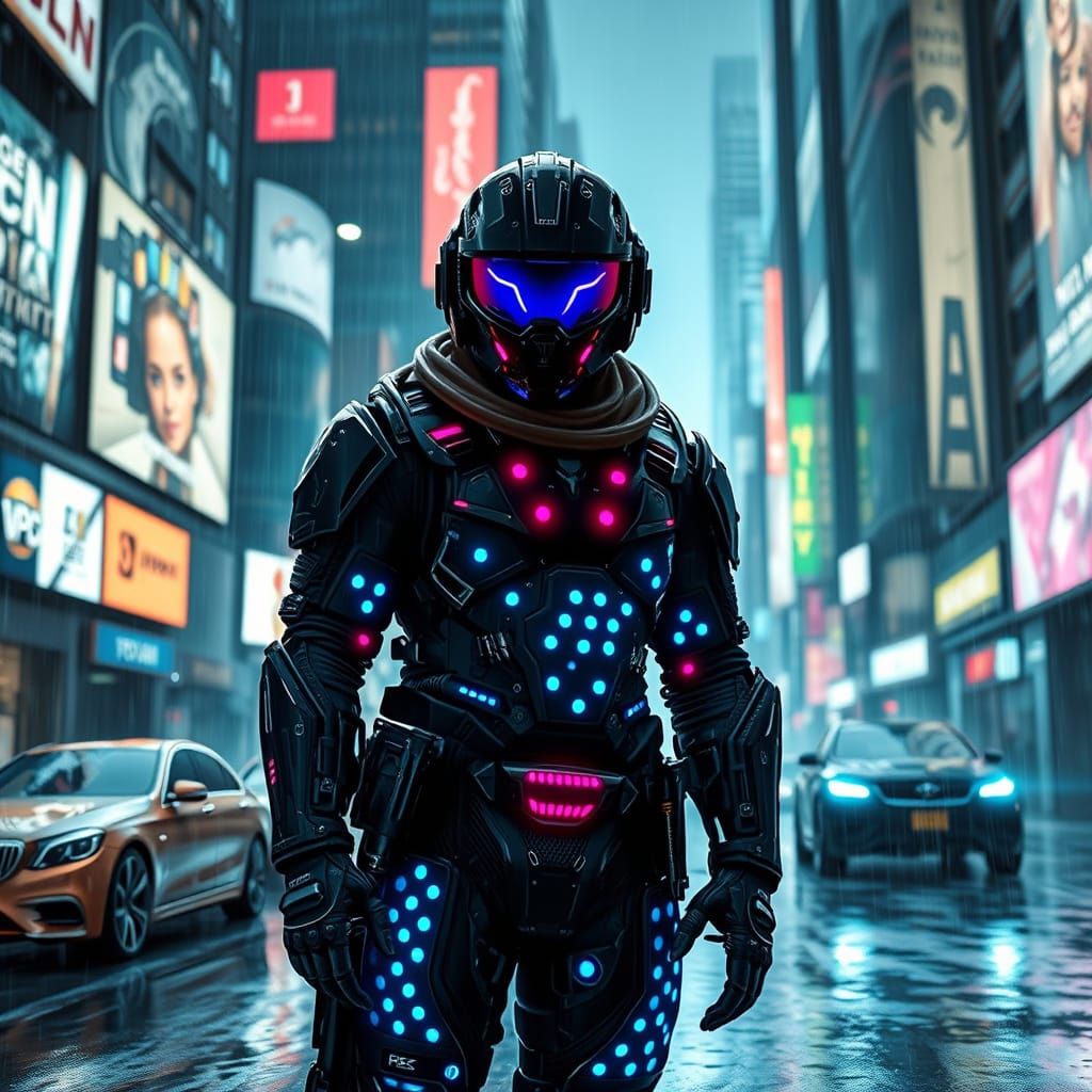 Cyberpunk Warrior in Neon Rain-Soaked Alley