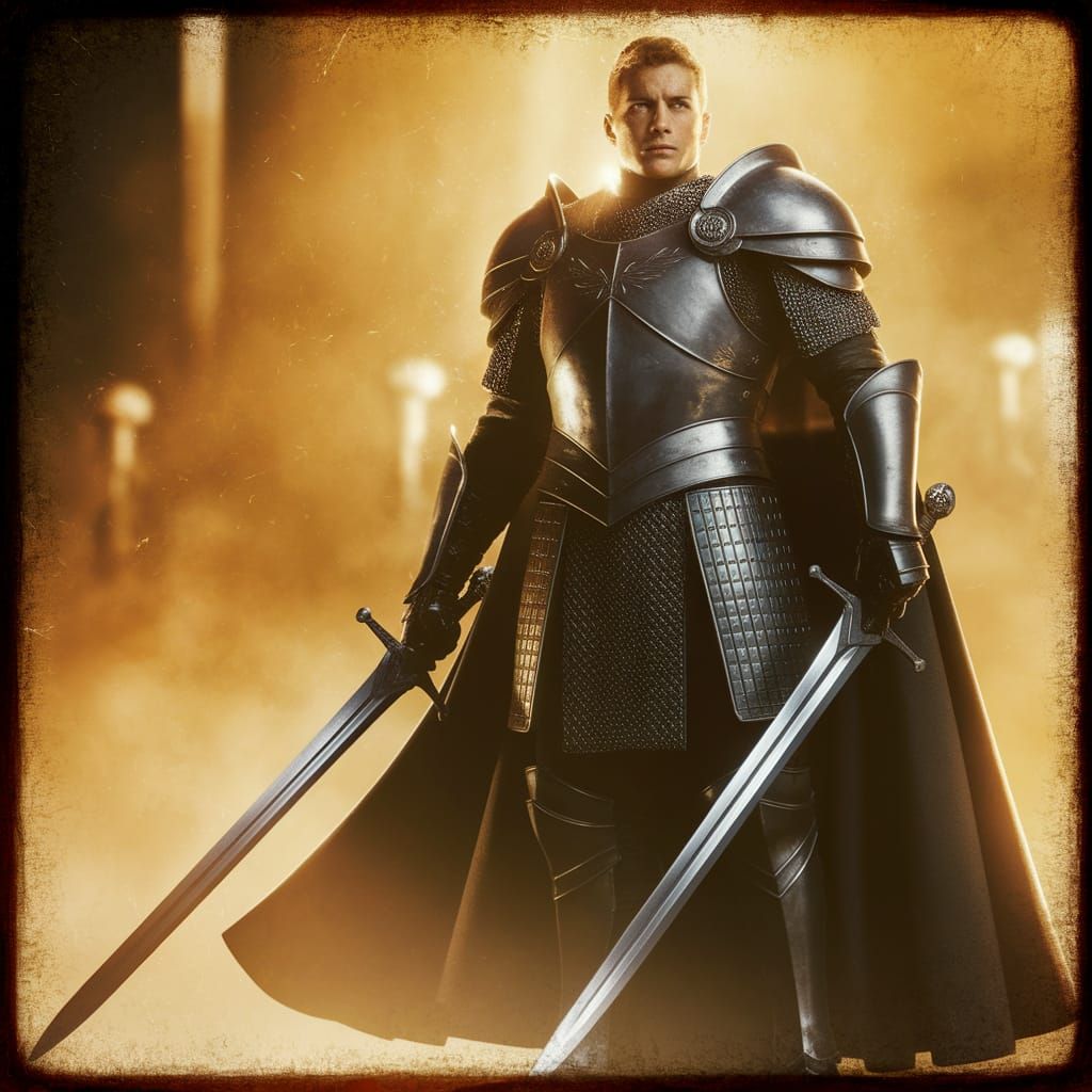 Armored Warrior Wielding Swords: Cinematic Film Still