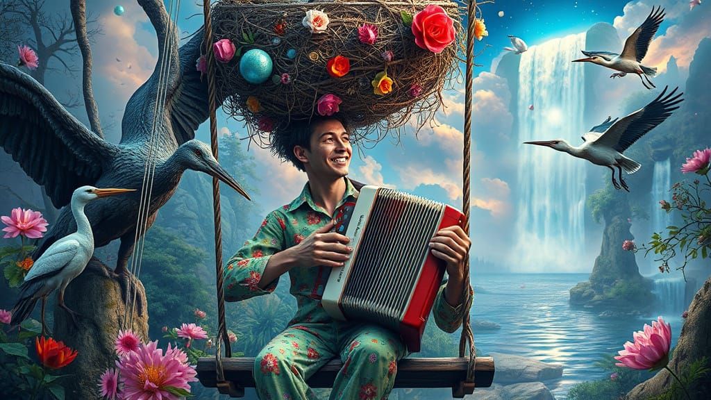 Psychedelic Utopia with Accordionist in Sacred Geometry Art