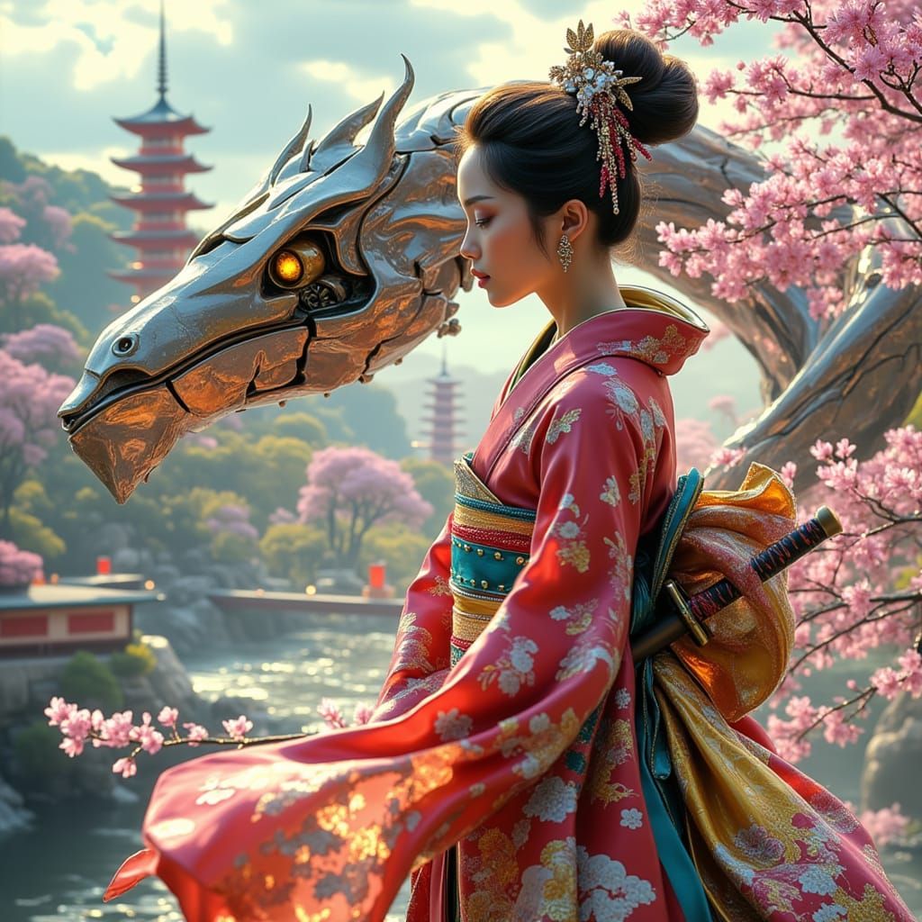 Japanese Silkpunk Heroine Commands Origami Mecha