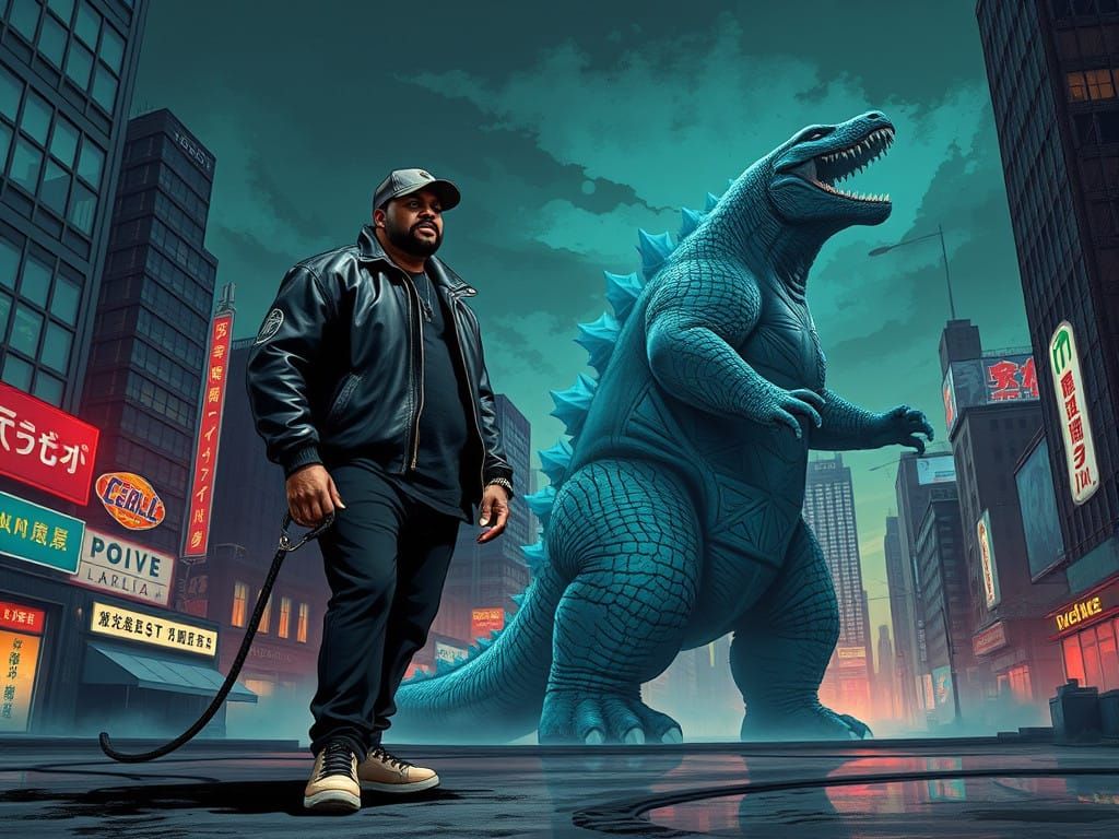 Ice Cube and His Kaiju Companion Stroll Through a Neon-Lit C...