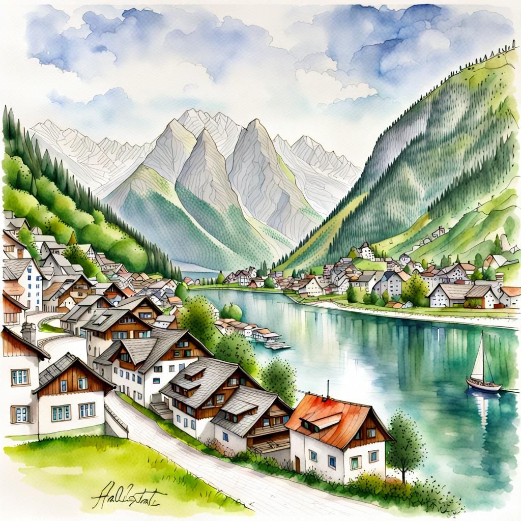 Detailed Line Drawing of Hallstatt, Austria