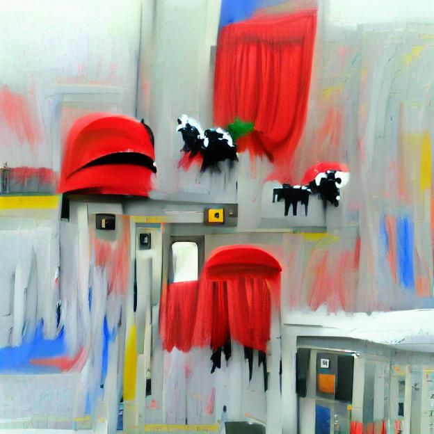 Abstract Red Creatures Celebrate at Station