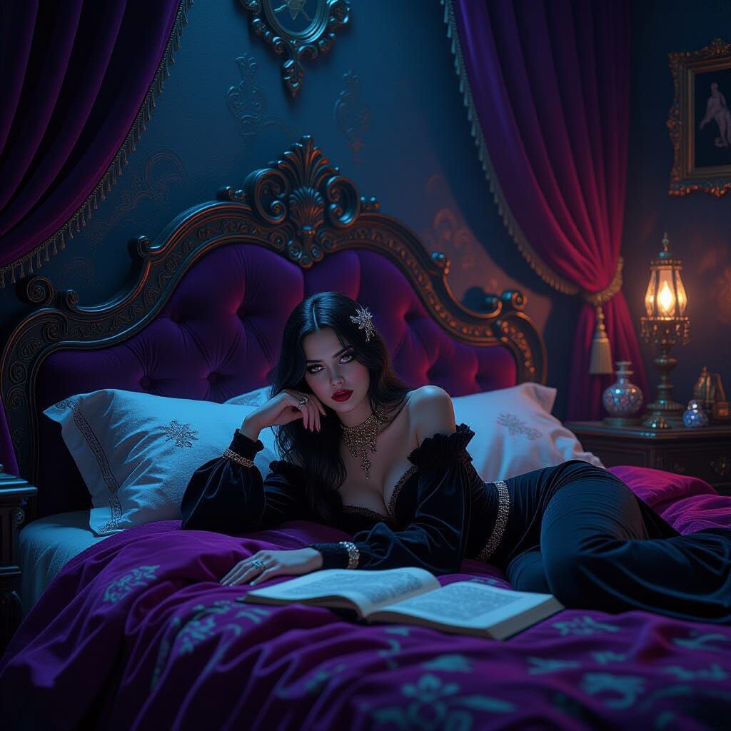 Gothic Girl Expressing Boredom in a Mystical Room