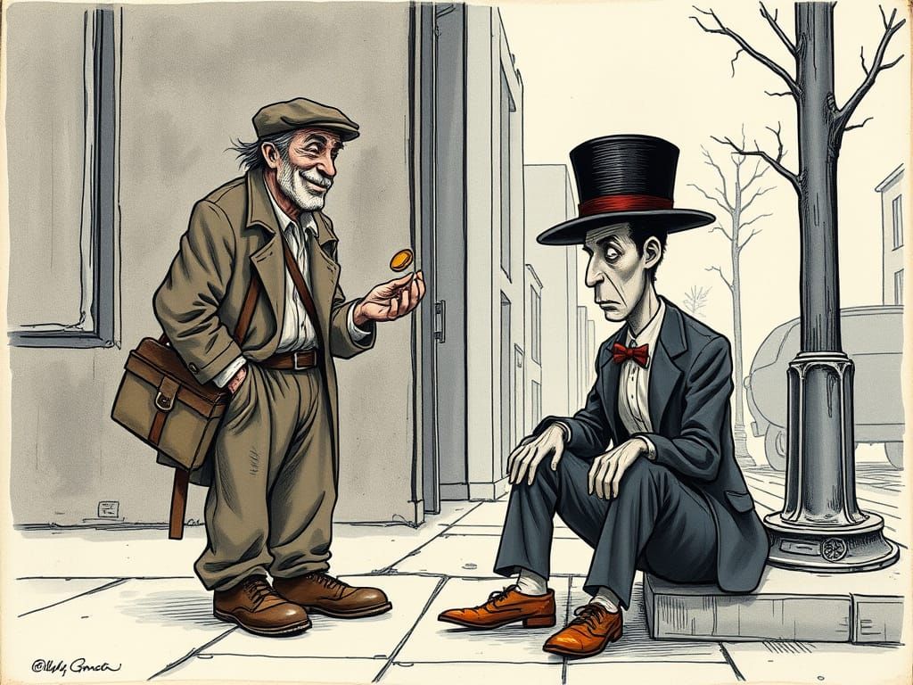 Homeless Man Gives Coin to Millionaire Beggar Satire