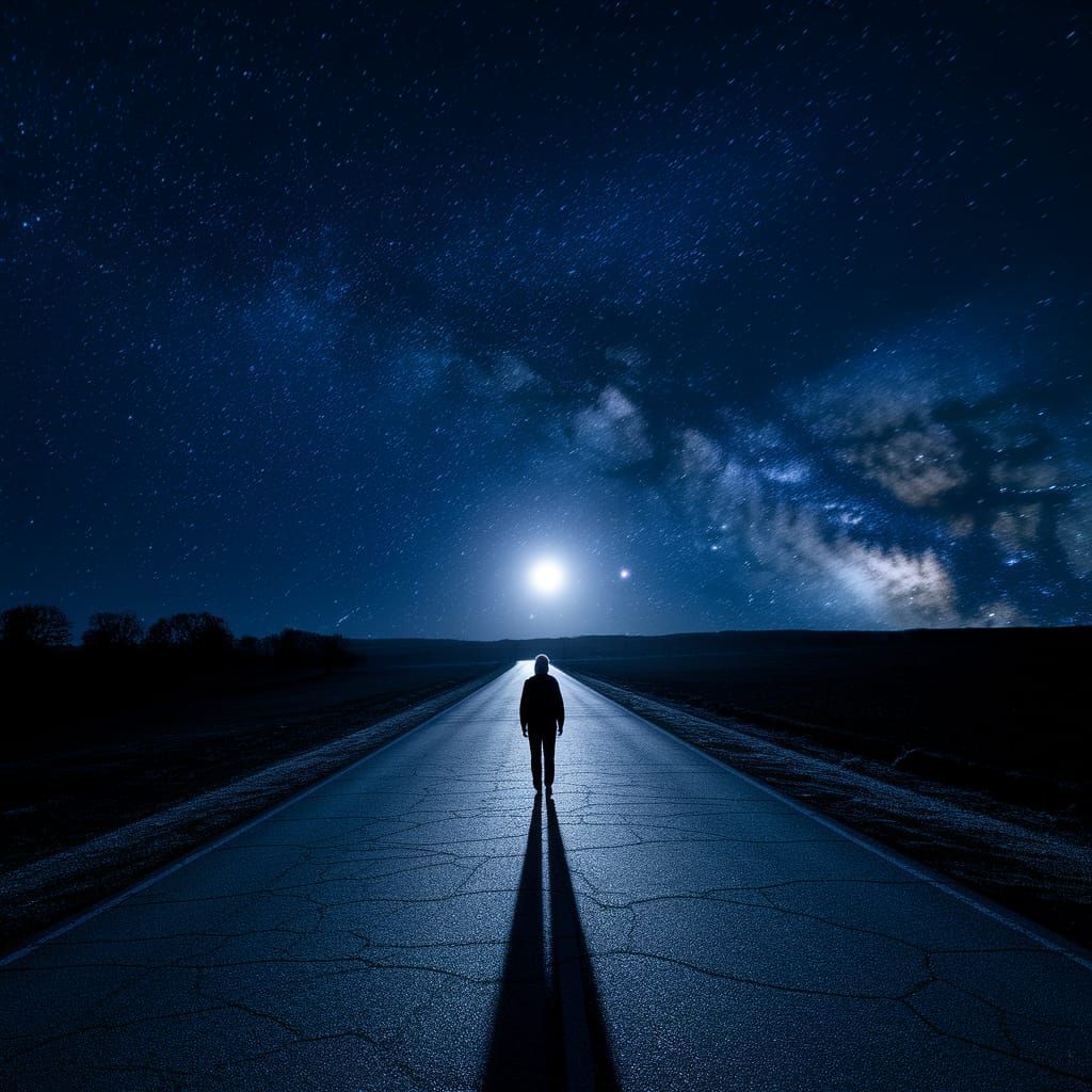 Solitary Figure Under Starry Night Sky