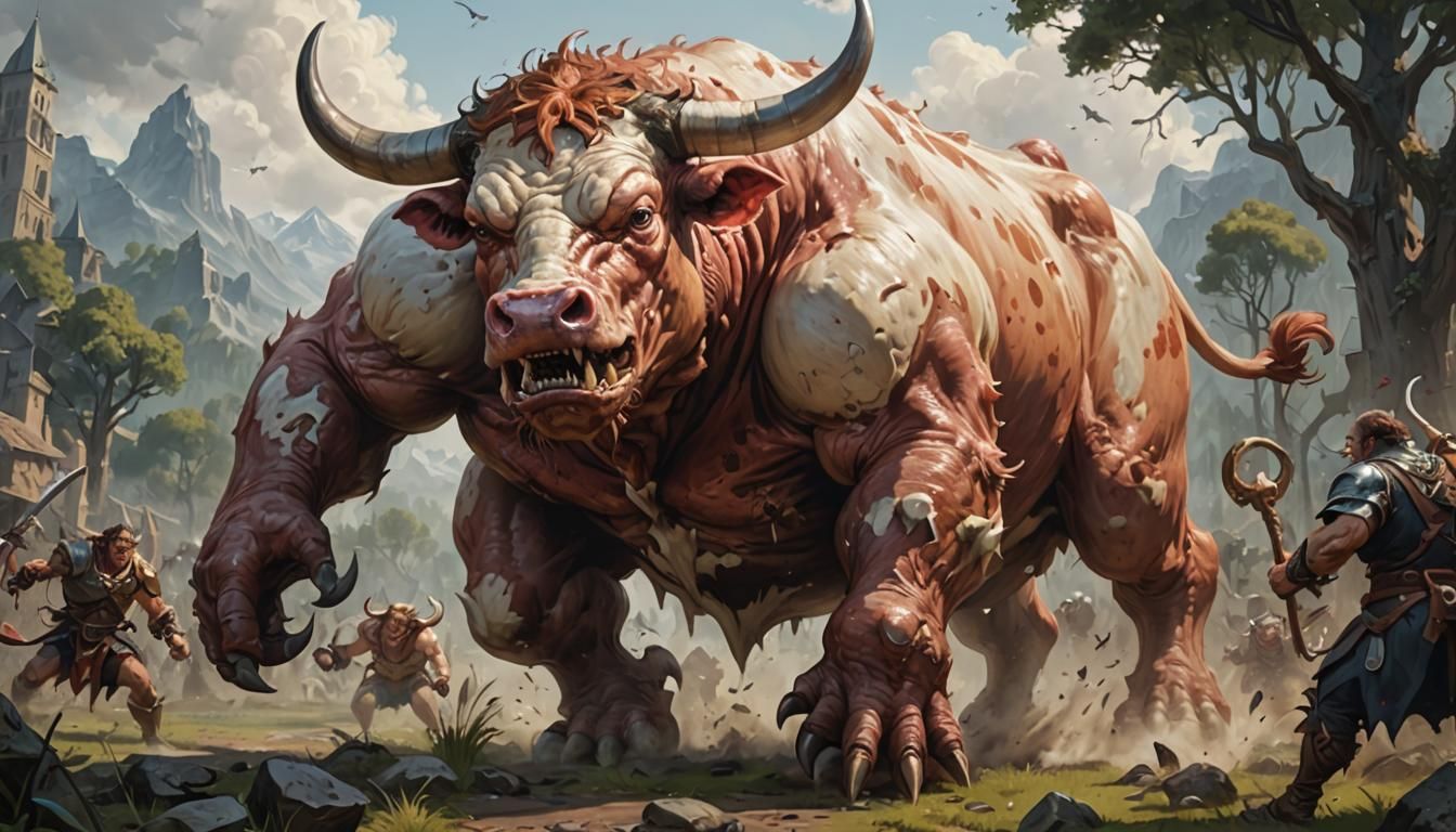 Anthropomorphic Bovine Monster Battling a Magical Foe