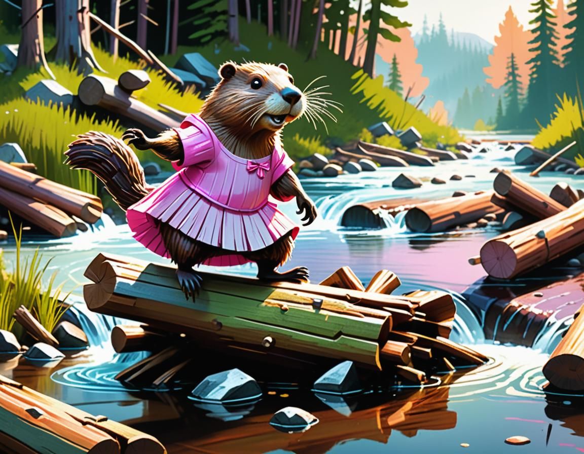 Beaver Ballerina Dancing on Dam in Cartoon Style
