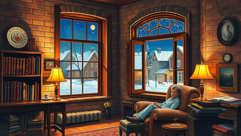 Cozy Home Office Under Starry Night Sky