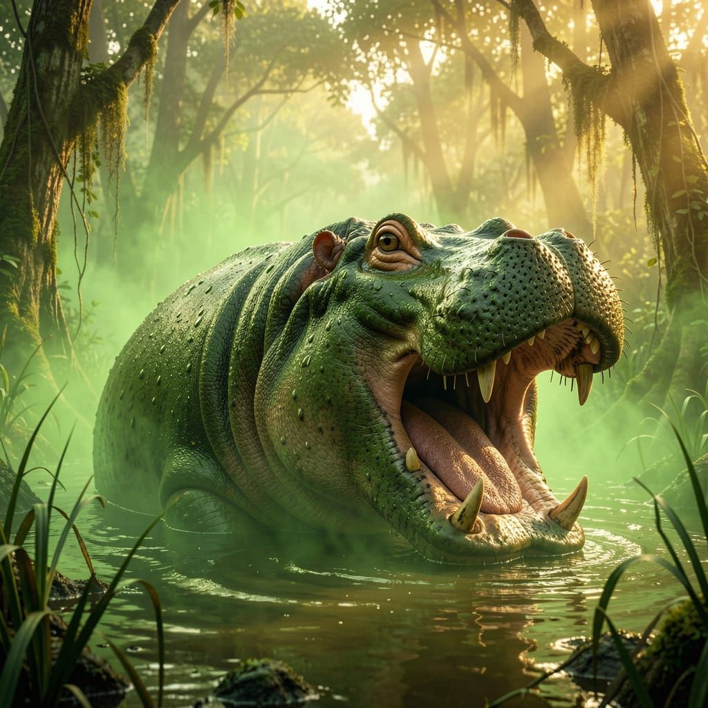 Giant Frog-Hippo Hybrid Emerging from Swamp
