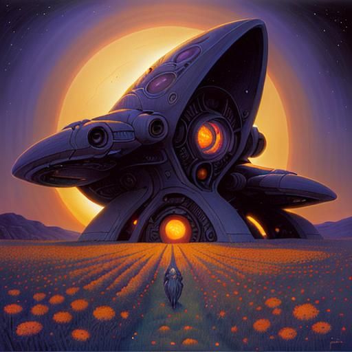 Surreal Sunset: Flowers, Cottage, Spaceship, Alien